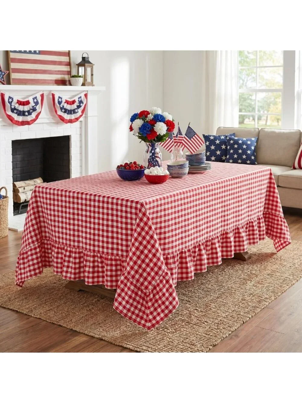 Red & White Gingham Ruffled Tablecloth - 100% Cotton, Rectangular for Farmhouse